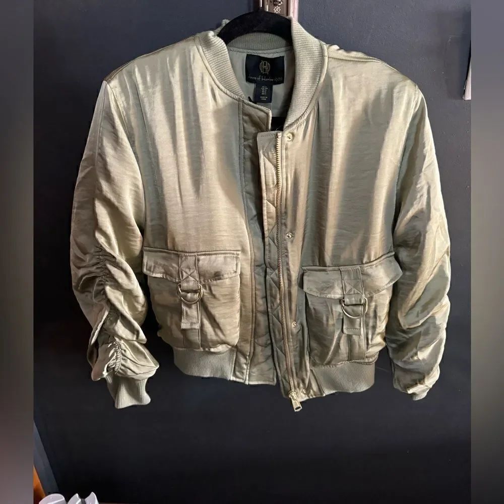 House of Harlow 1960 Sage Green Satin Bomber Jacket Ruffle Sleeves NWT Sz Small